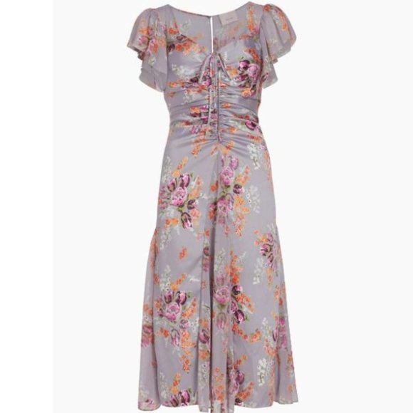 CINQ À SEPT Terrence Floral Print Ruched Flutter Sleeve Midi Dress Size 10 - Picture 2 of 9